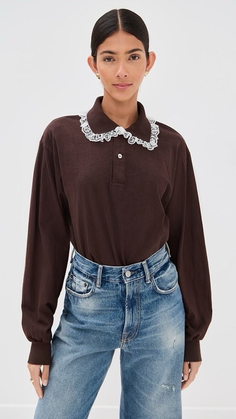 Tanner Fletcher Cletus Lace Trim Long Sleeve Polo Brown L